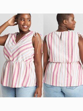 LANE BRYANT Plus Size Linen Striped Tie Shoulder Top Pink White Chevron Tank 2X